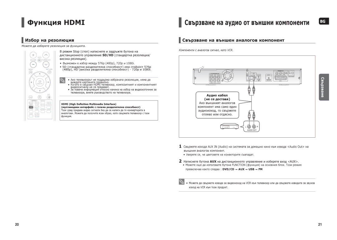 Samsung HT-THX22R/XEO manual Функция Hdmi, Избор на резолюция, Свързване на външен аналогов компонент, Не се доставя 