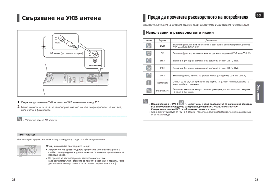 Samsung HT-THX25R/XEF, HT-THX25R/XEO Свързване на УКВ антена, Преди да прочетете ръководството на потребителя, Вентилатор 