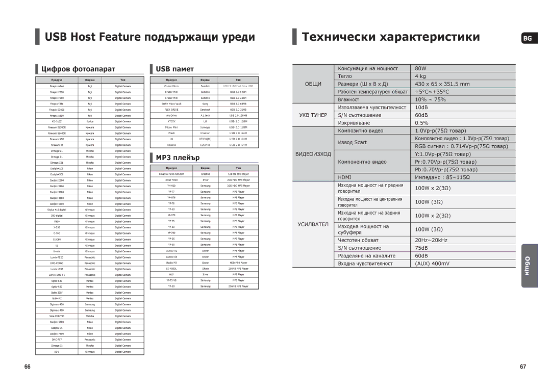 Samsung HT-THX25R/XEO manual USB Host Feature поддържащи уреди Технически характеристики, Цифров фотоапарат, USB памет 