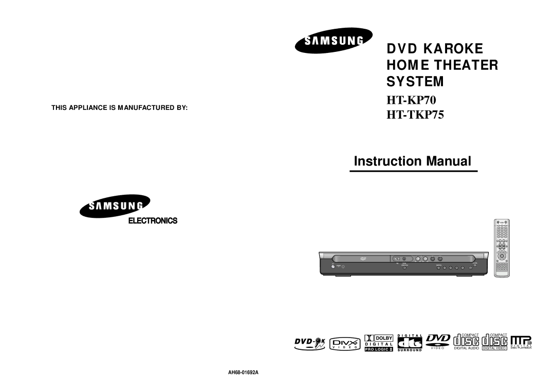 Samsung HT-KP70R/XFO, HT-TKP75R/XFO manual DVD Karoke Home Theater System, AH68-01692A 