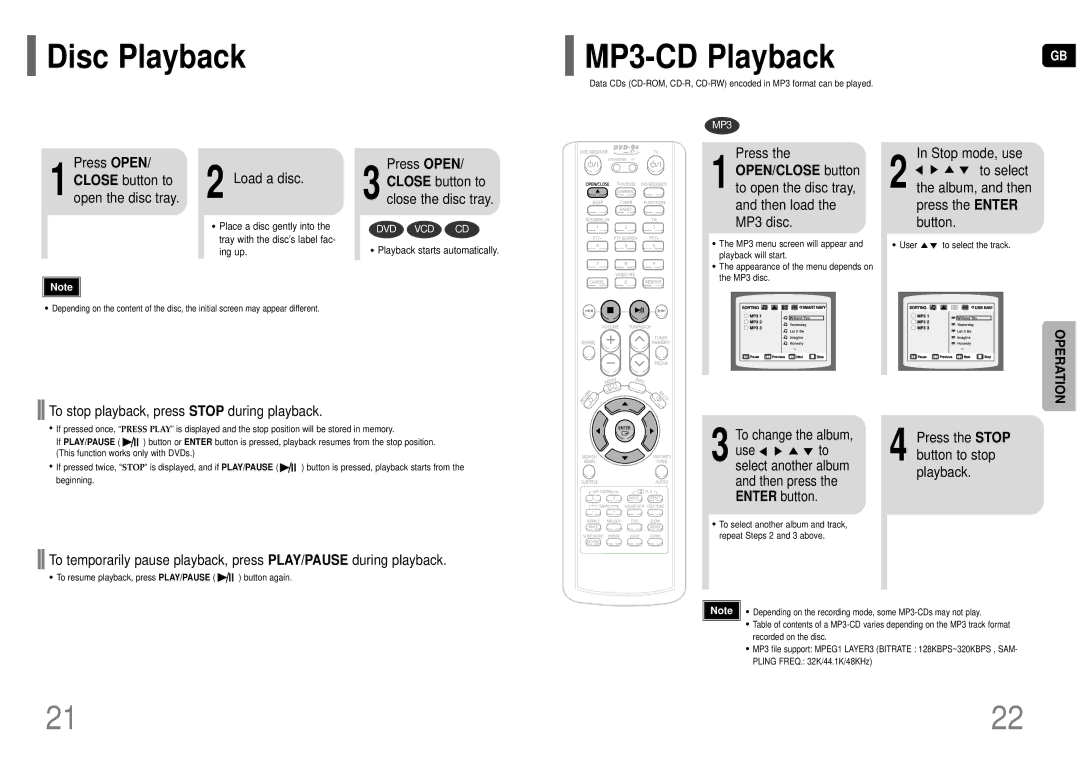 Samsung HT-TKP75R/XFO, HT-KP70R/XFO manual Disc Playback MP3-CD Playback 