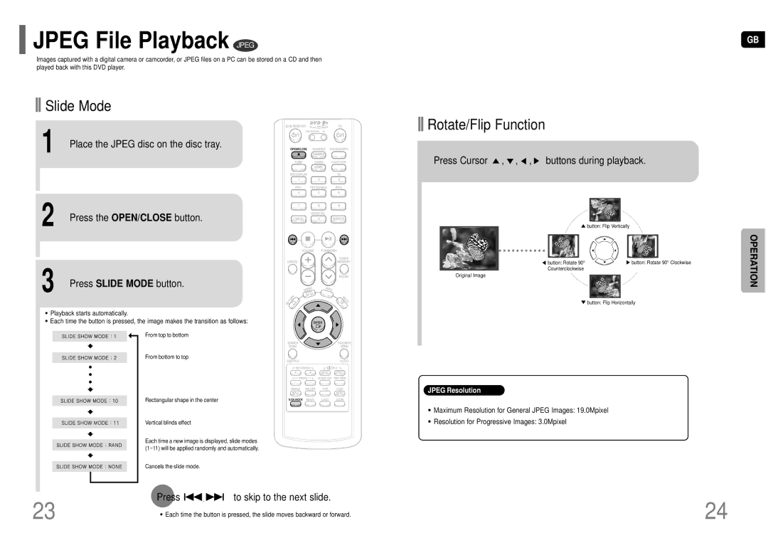 Samsung HT-KP70R/XFO Jpeg File Playback Jpeg, Press To skip to the next slide, Press Cursor , , , buttons during playback 