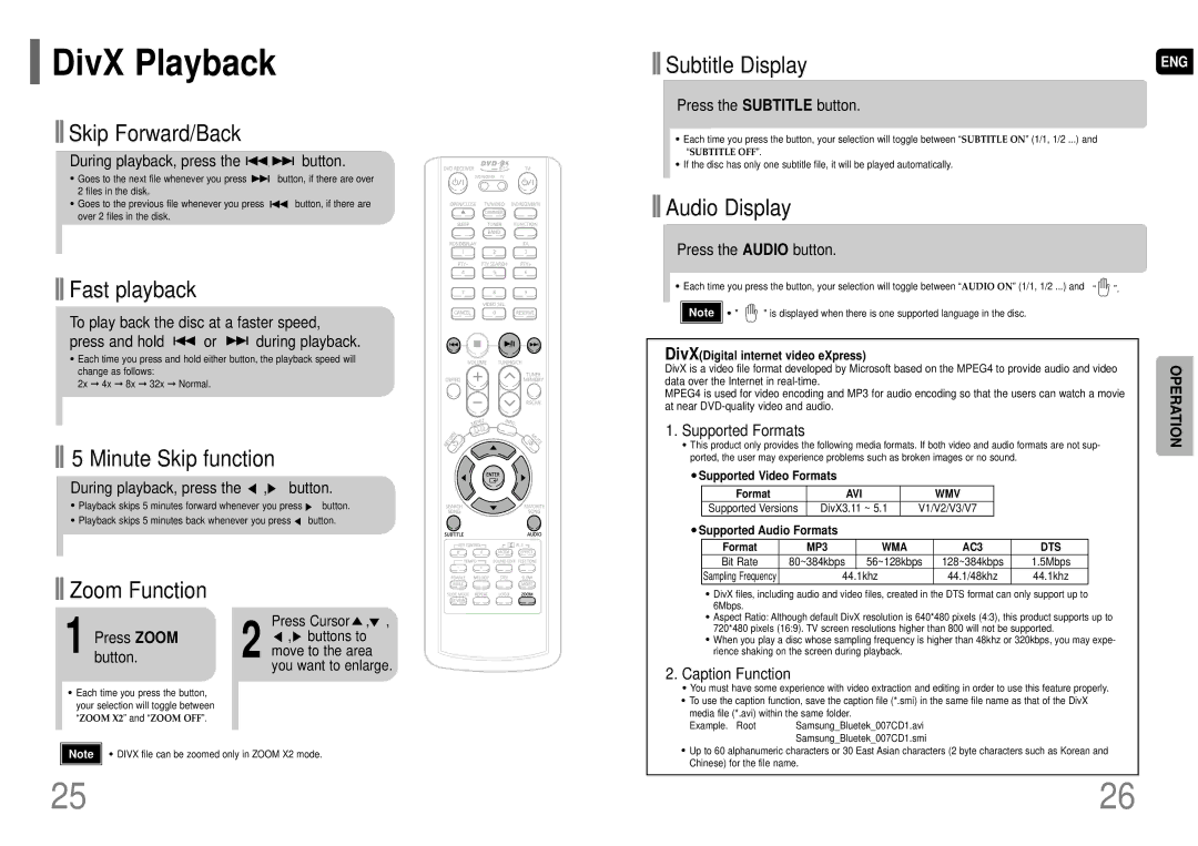 Samsung HT-TKP75R/XFO, HT-KP70R/XFO manual DivX Playback 