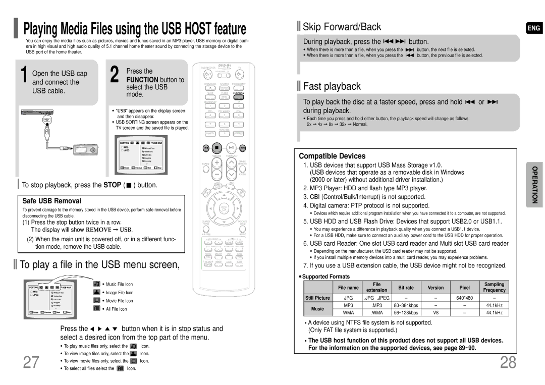 Samsung HT-KP70R/XFO To stop playback, press the Stop button, Safe USB Removal, USB devices that support USB Mass Storage 