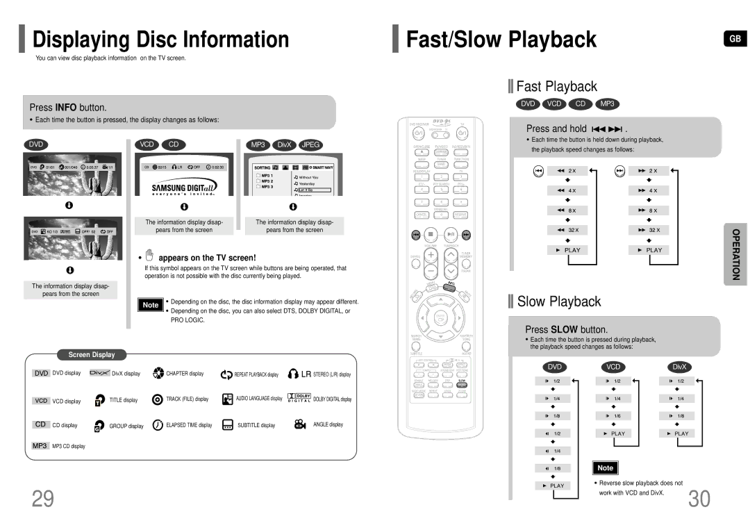 Samsung HT-TKP75R/XFO, HT-KP70R/XFO manual Displaying Disc Information, Press Info button, Press and hold, Press Slow button 