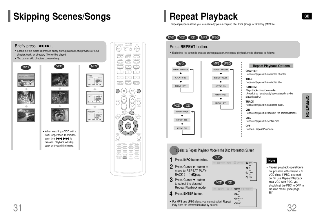 Samsung HT-KP70R/XFO, HT-TKP75R/XFO Skipping Scenes/Songs, Briefly press, Press Repeat button, Repeat Playback Options 