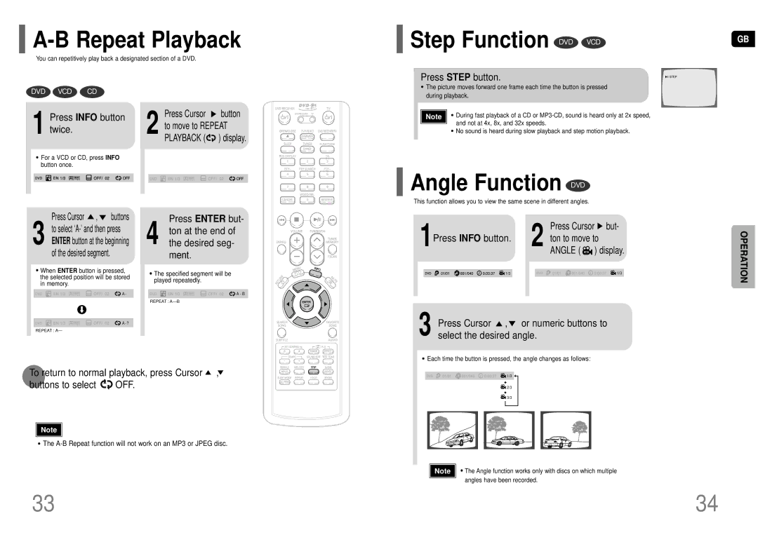 Samsung HT-TKP75R/XFO, HT-KP70R/XFO manual Repeat Playback, Step Function DVD VCD, Angle Function DVD 