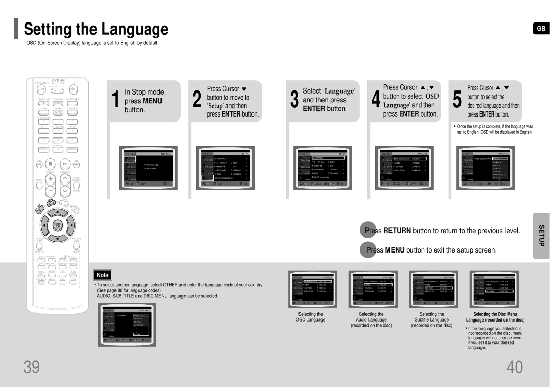 Samsung HT-KP70R/XFO manual Setting the Language, Stop mode Press Menu button, Select ‘Language’ Then press Enter button 