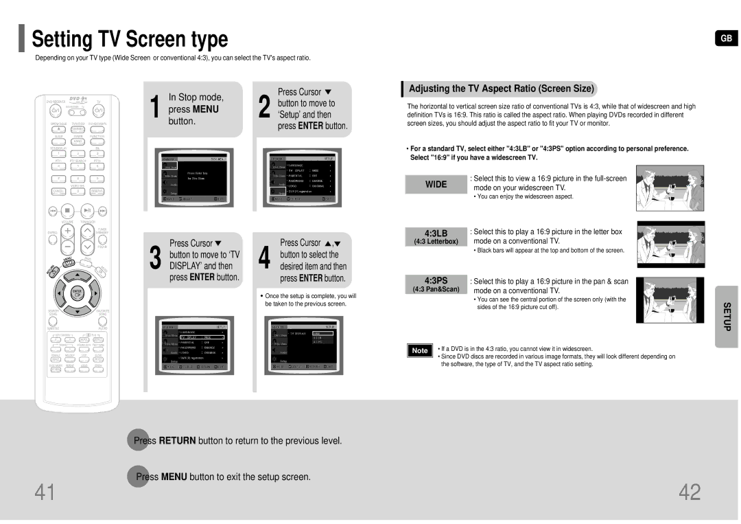 Samsung HT-TKP75R/XFO, HT-KP70R/XFO manual Stop mode, Press Menu, Button, Adjusting the TV Aspect Ratio Screen Size 