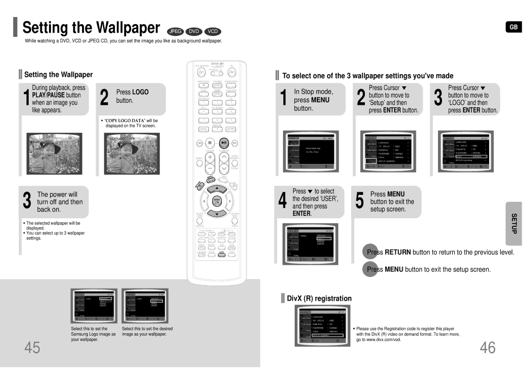 Samsung HT-TKP75R/XFO, HT-KP70R/XFO manual Setting the Wallpaper Jpeg DVD VCD, Power will Turn off and then back on, Button 