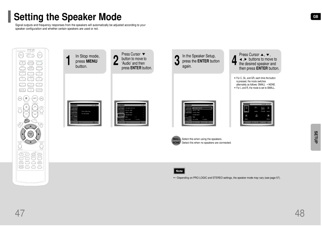 Samsung HT-KP70R/XFO, HT-TKP75R/XFO Setting the Speaker Mode, Speaker Setup Press the Enter button again, ‘Audio’ and then 