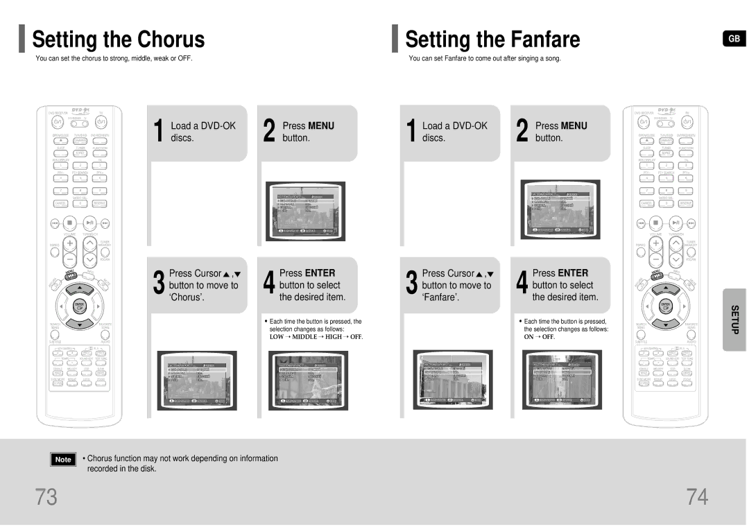 Samsung HT-TKP75R/XFO, HT-KP70R/XFO manual Setting the Chorus, Setting the Fanfare, Load a DVD-OK Press Menu Discs Button 