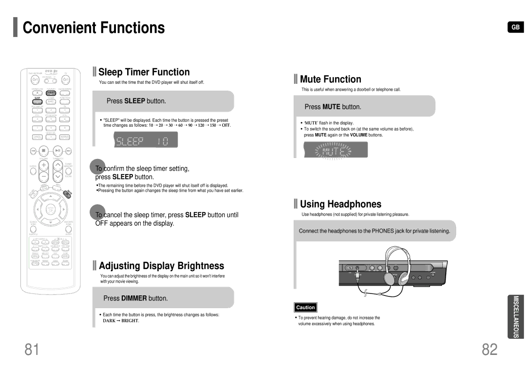 Samsung HT-TKP75R/XFO manual Convenient Functions, Sleep Timer Function, Adjusting Display Brightness, Mute Function 