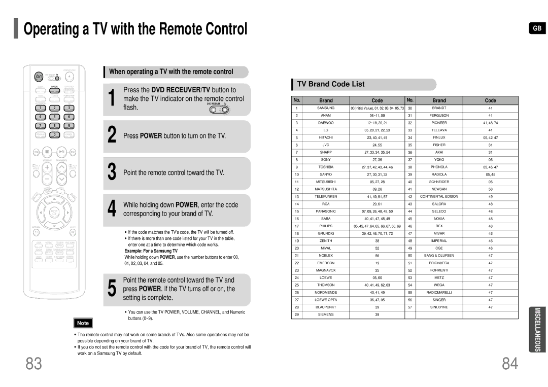 Samsung HT-KP70R/XFO, HT-TKP75R/XFO manual Press the DVD RECEUVER/TV button to, When operating a TV with the remote control 