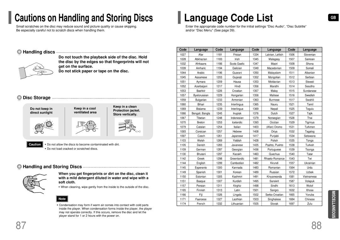 Samsung HT-KP70R/XFO, HT-TKP75R/XFO manual Language Code List, Code Language 