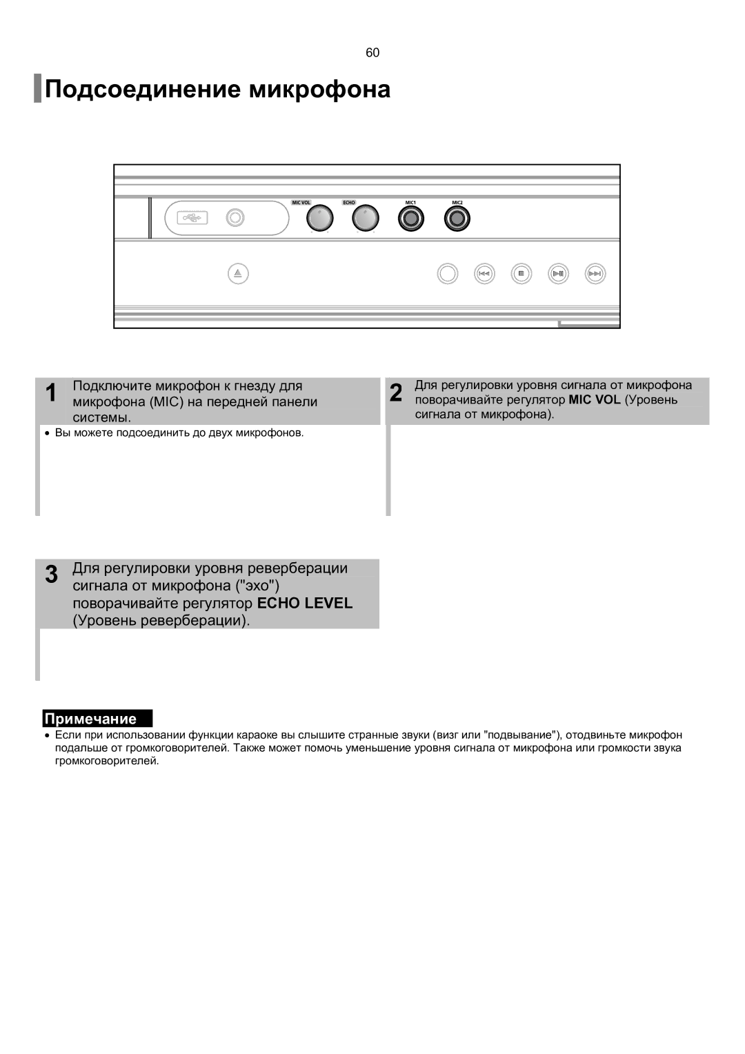 Samsung HT-KP70R/XFO, HT-TKP75R/XFO Подсоединение микрофона, Для регулировки уровня реверберации, Сигнала от микрофона эхо 