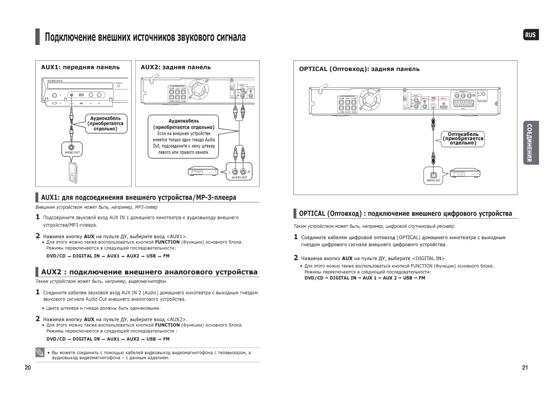 Samsung HT-TKX35R/NWT Подключение внешних источников звукового сигнала, AUX2 подключение внешнего аналогового устройства 