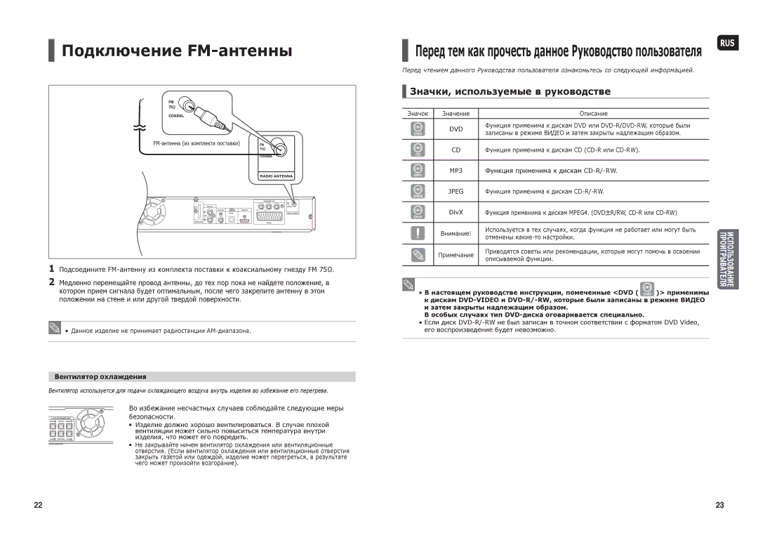 Samsung HT-TKX35R/NWT manual Подключение FM-антенны, Значки, используемые в руководстве, Вентилятор охлаждения 