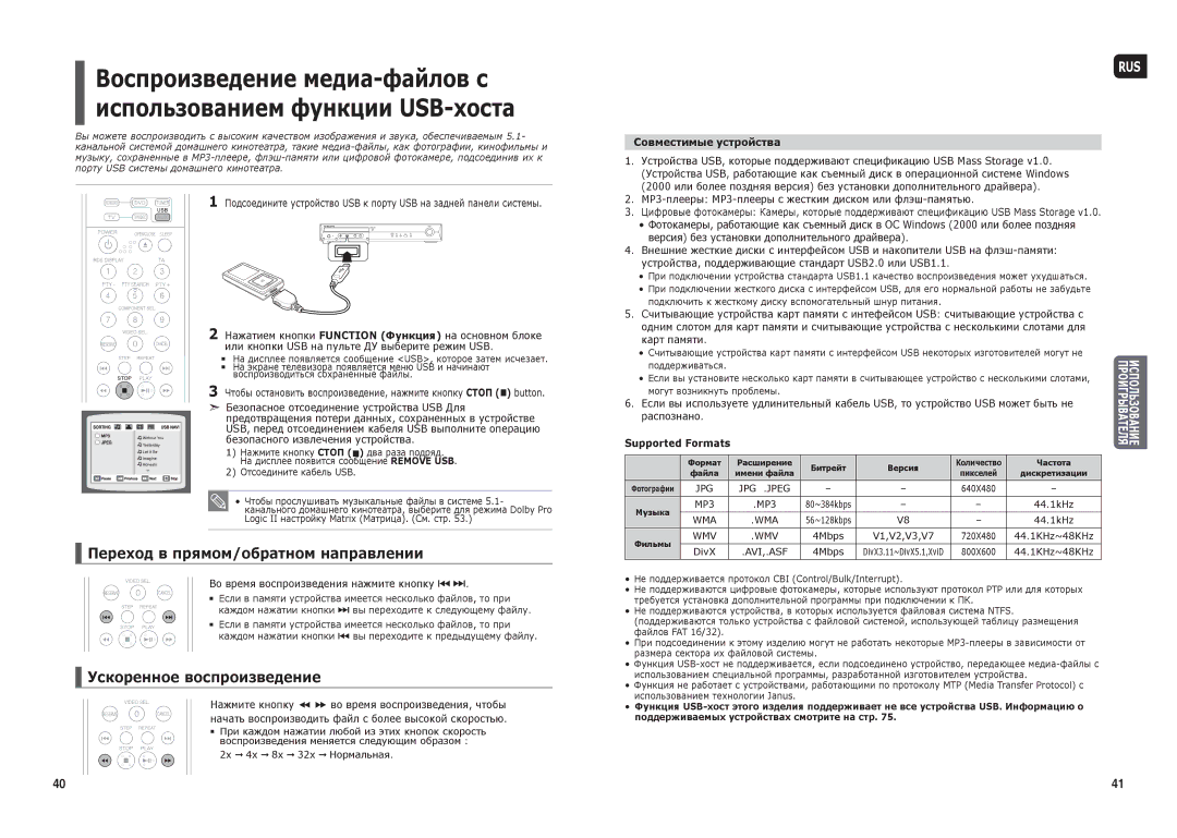 Samsung HT-TKX35R/NWT manual Переход в прямом/обратном направлении, Совместимые устройства, Supported Formats 