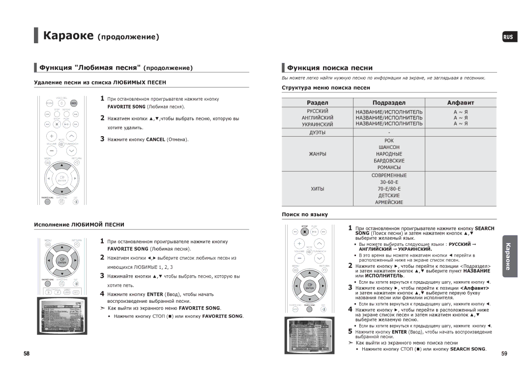 Samsung HT-TKX35R/NWT manual Функция Любимая песня продолжение, Функция поиска песни, Раздел Подраздел Алфавит 