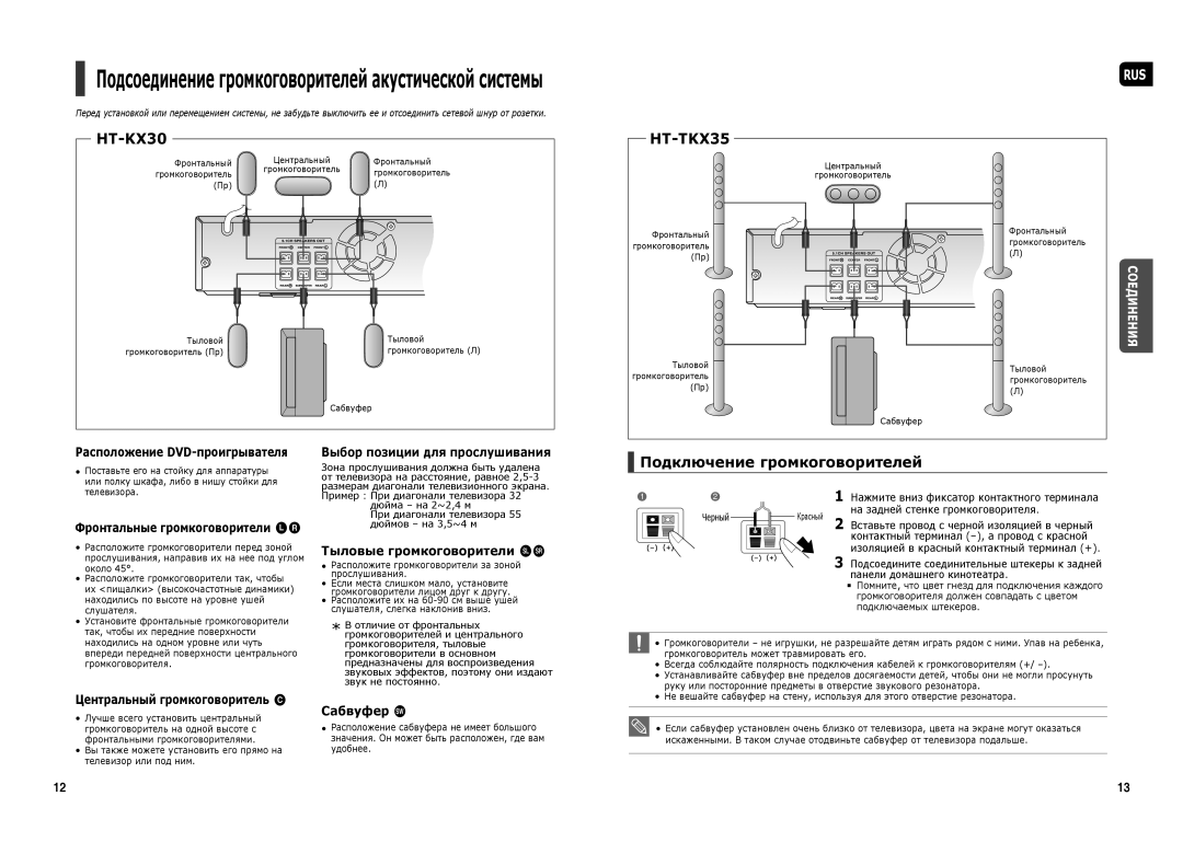 Samsung HT-TKX35R/NWT manual Подсоединение громкоговорителей акустической системы, Тыловые громкоговорители hj 