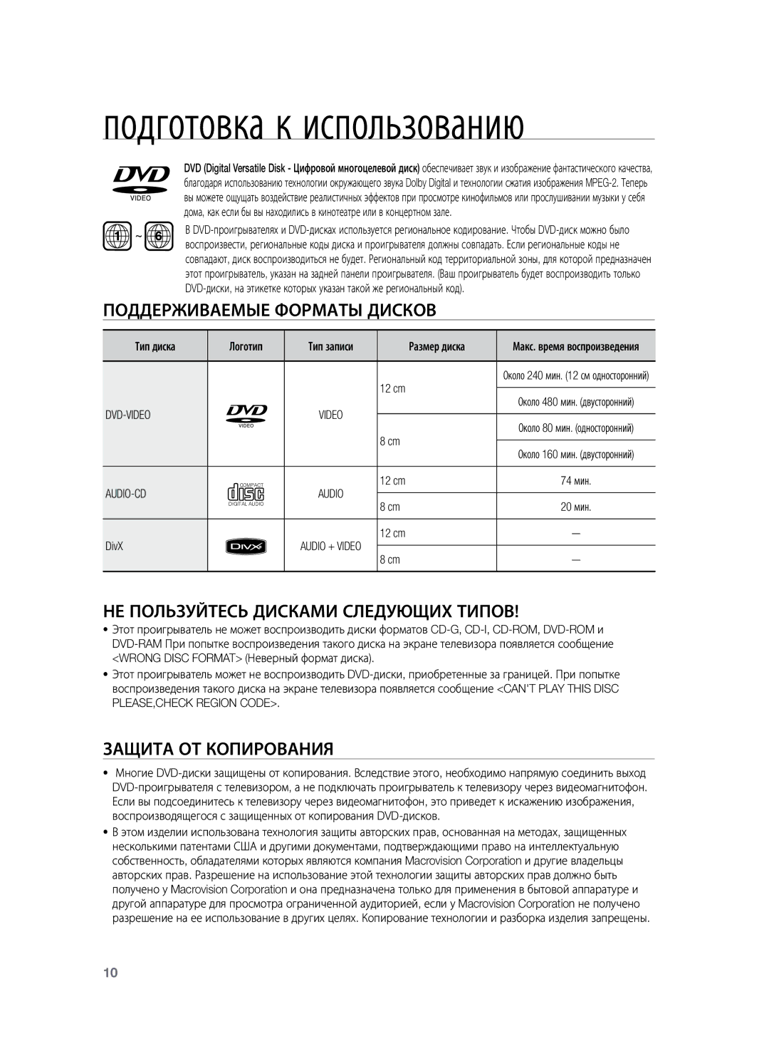 Samsung HT-TKZ325R/XER Подготовка к использованию, Поддерживаемые форматы дисков, Не пользуйтесь дисками следующих типов 