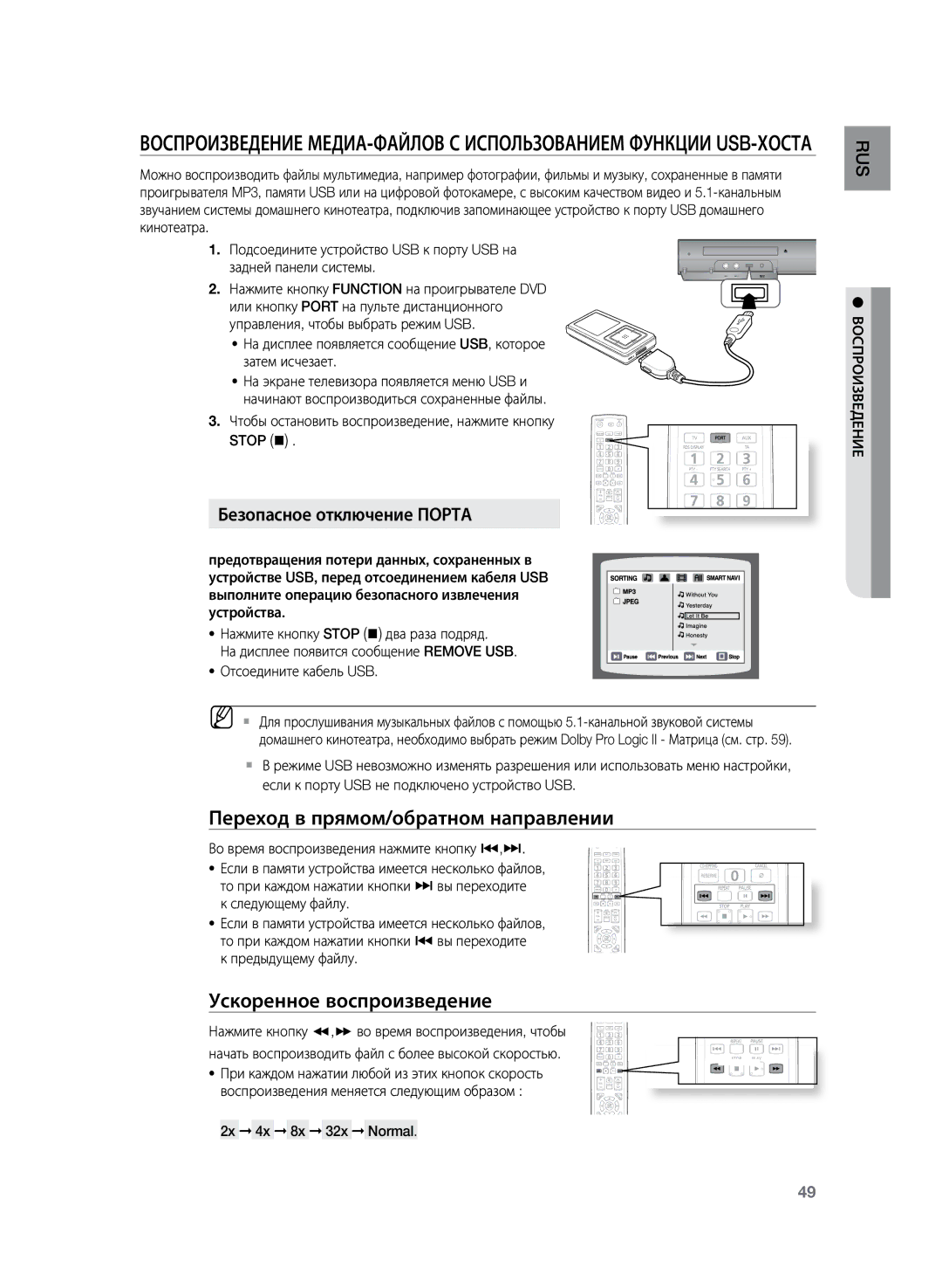 Samsung HT-TKZ425R/XER Переход в прямом/обратном направлении, Ускоренное воспроизведение, Безопасное отключение Порта 