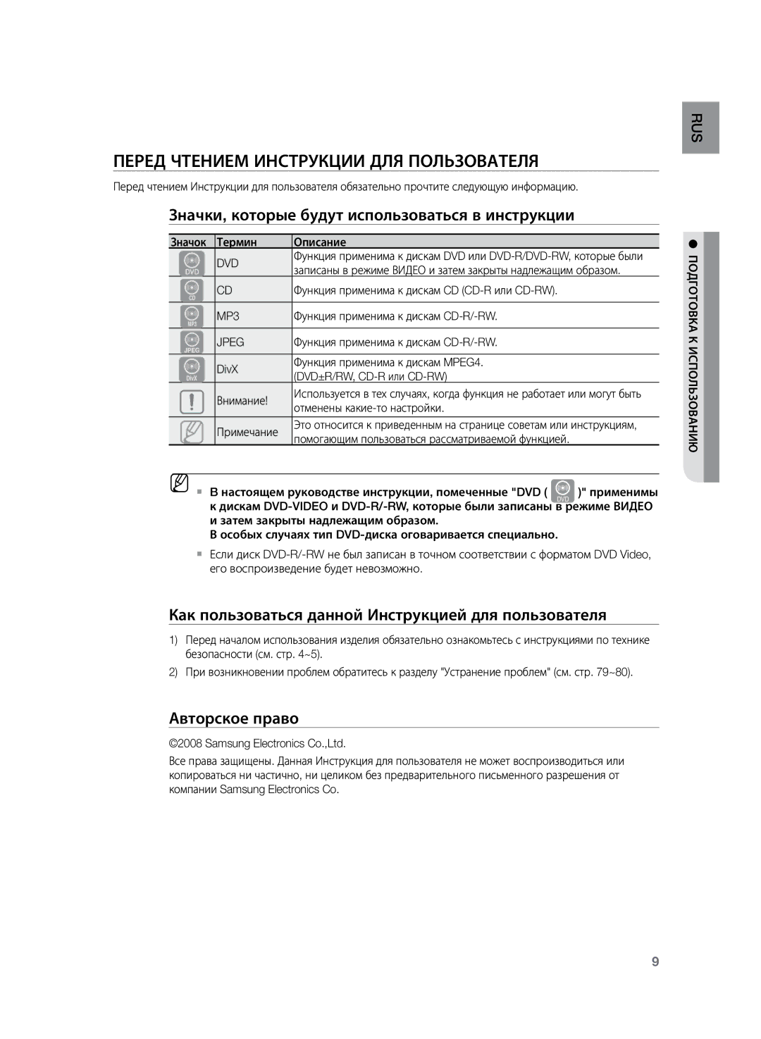 Samsung HT-TKZ425R/XER manual Перед чтением Инструкции для пользователя, Значки, которые будут использоваться в инструкции 