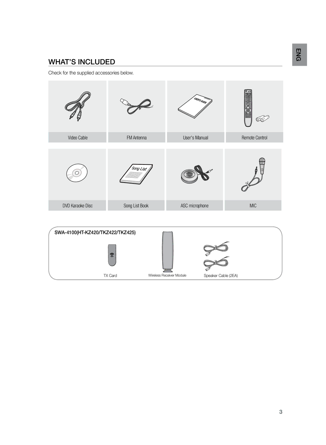 Samsung HT-TKZ425R/XER, HT-TKZ325R/XER manual What’s included, Check for the supplied accessories below 