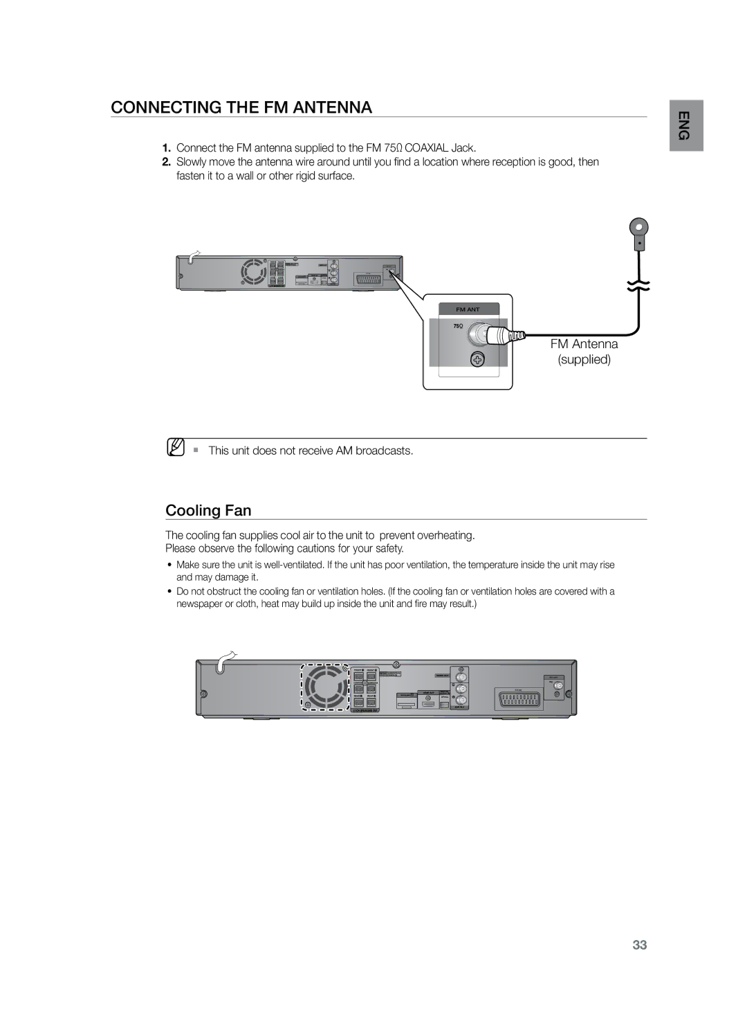 Samsung HT-TKZ425R/XER manual Connecting the FM Antenna, Cooling Fan, MM`` This unit does not receive AM broadcasts 