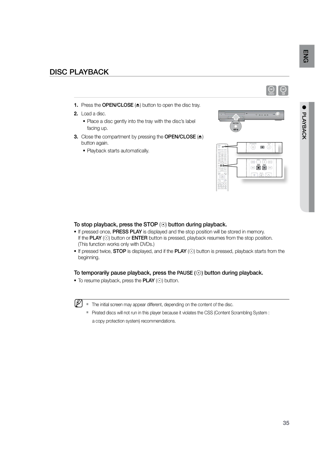 Samsung HT-TKZ425R/XER, HT-TKZ325R/XER manual Disc Playback, To resume playback, press the Play button 