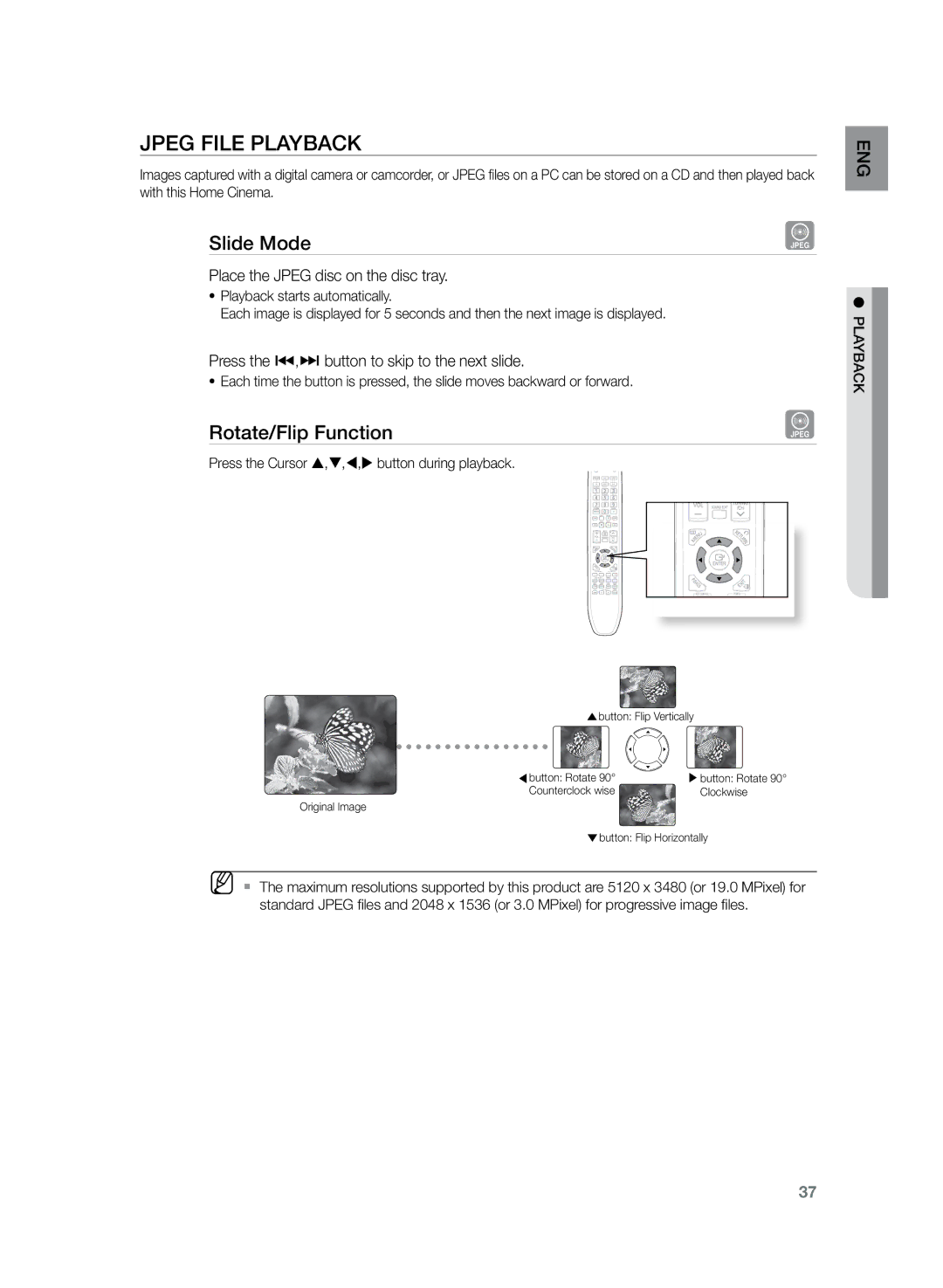 Samsung HT-TKZ425R/XER, HT-TKZ325R/XER manual Jpeg File Playback, Slide Mode, Rotate/Flip Function 