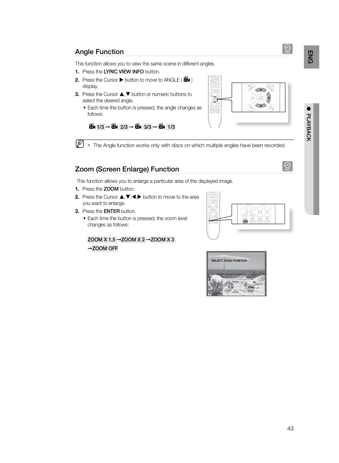 Samsung HT-TKZ425R/XER, HT-TKZ325R/XER manual Angle Function, Zoom Screen Enlarge Function 