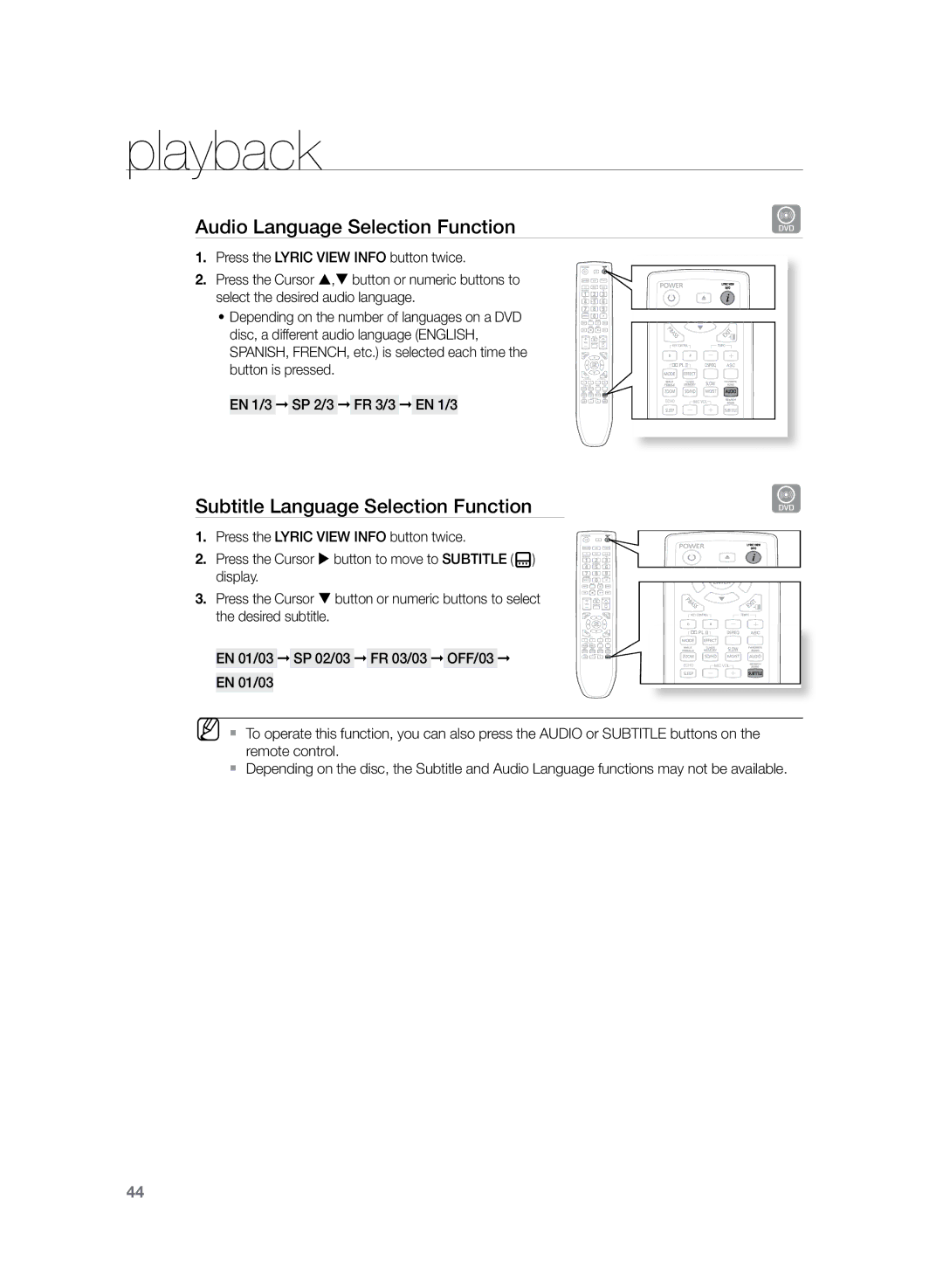 Samsung HT-TKZ325R/XER, HT-TKZ425R/XER manual Audio Language Selection Function, Subtitle Language Selection Function 