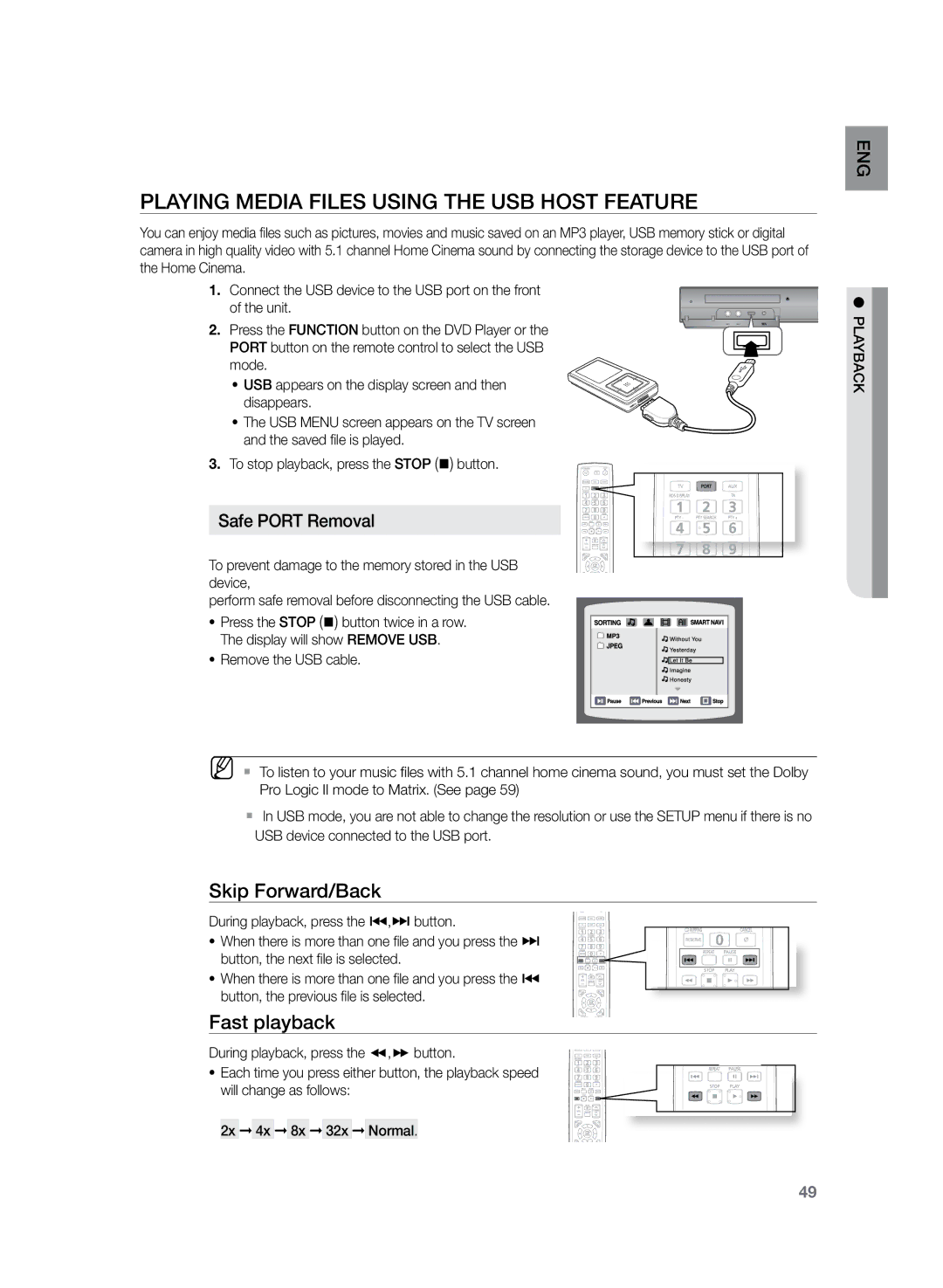 Samsung HT-TKZ425R/XER, HT-TKZ325R/XER manual Playing Media Files using the USB Host Feature, Fast playback 