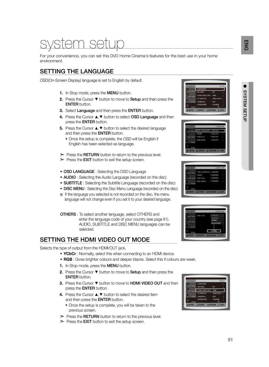 Samsung HT-TKZ425R/XER, HT-TKZ325R/XER manual System setup, Setting the Language, Setting the Hdmi Video OUT Mode 