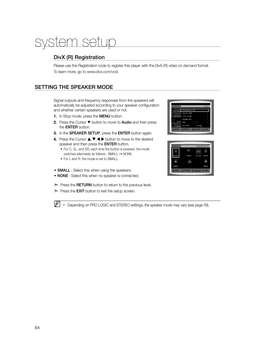 Samsung HT-TKZ325R/XER manual DivX R Registration Setting the Speaker Mode, Small Select this when using the speakers 