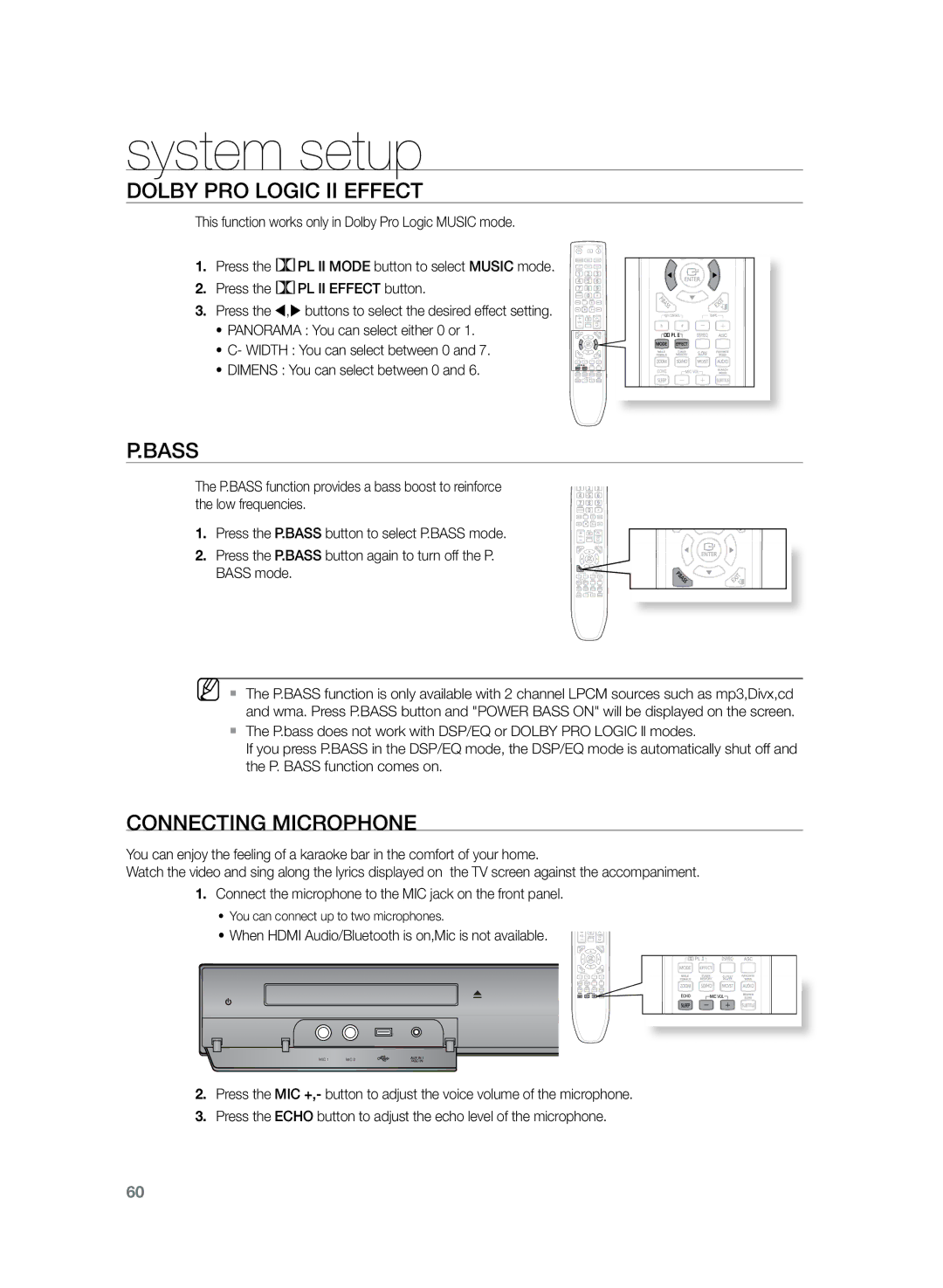 Samsung HT-TKZ325R/XER, HT-TKZ425R/XER manual Dolby Pro Logic II Effect, Connecting Microphone 