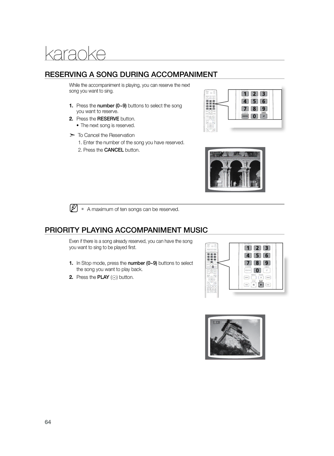 Samsung HT-TKZ325R/XER manual Karaoke, Reserving a Song During Accompaniment, Priority Playing Accompaniment Music 