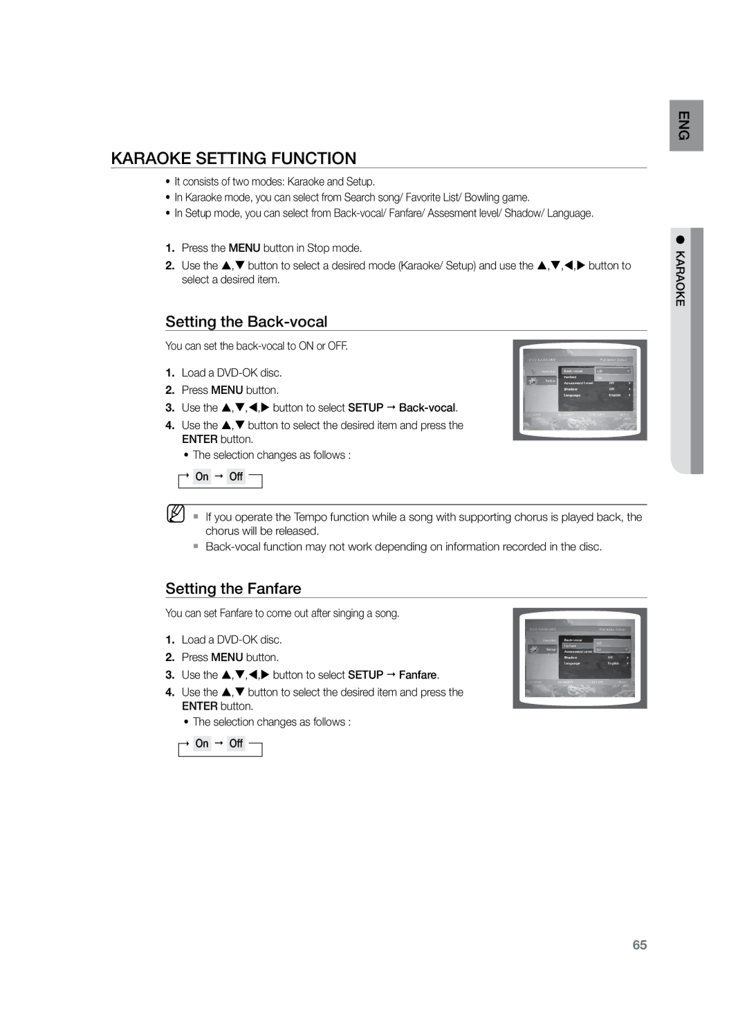 Samsung HT-TKZ425R/XER, HT-TKZ325R/XER manual Karaoke setting function, Setting the Back-vocal, Setting the Fanfare 