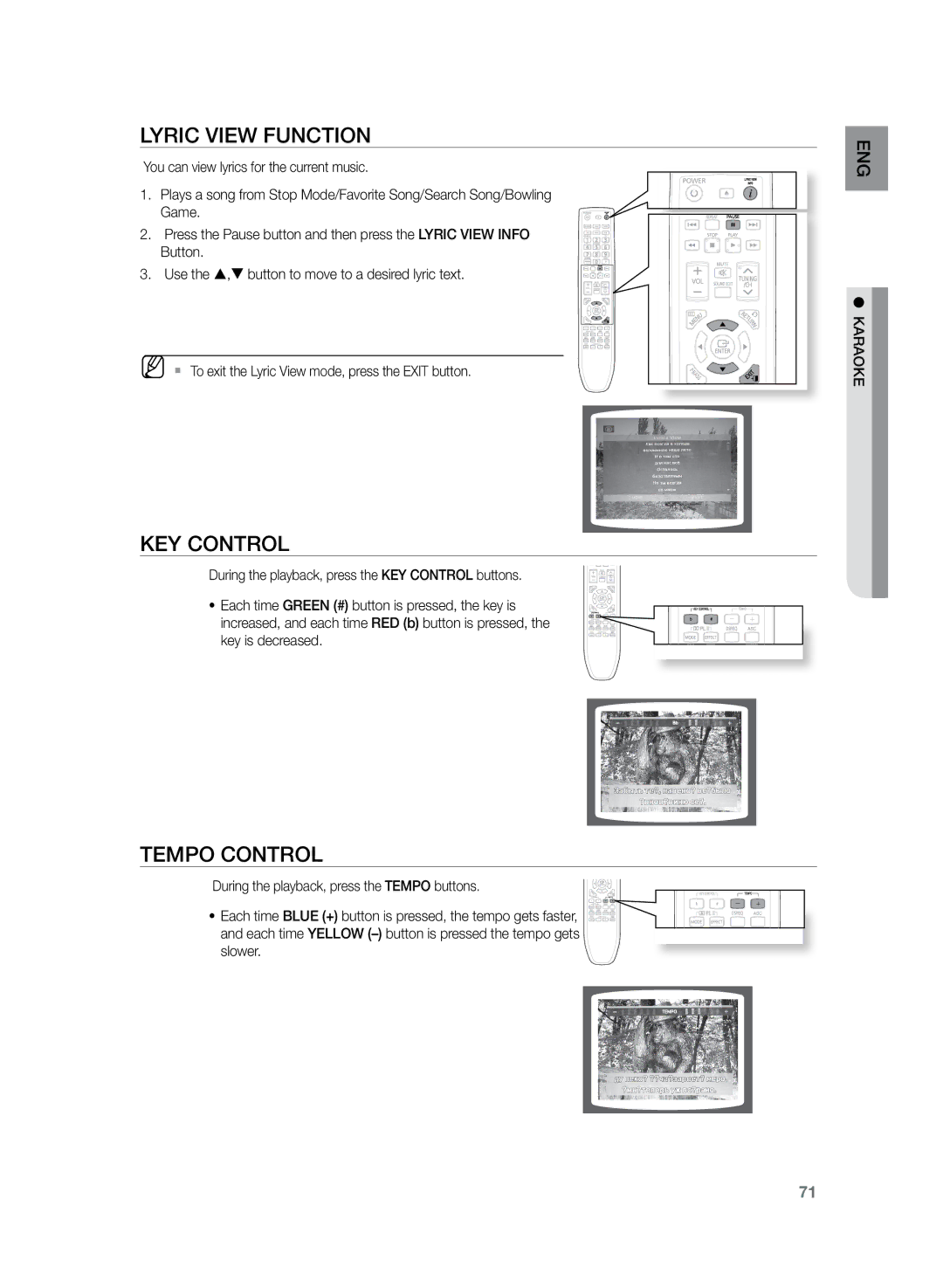 Samsung HT-TKZ425R/XER, HT-TKZ325R/XER manual Lyric view function, Key Control, Tempo Control 