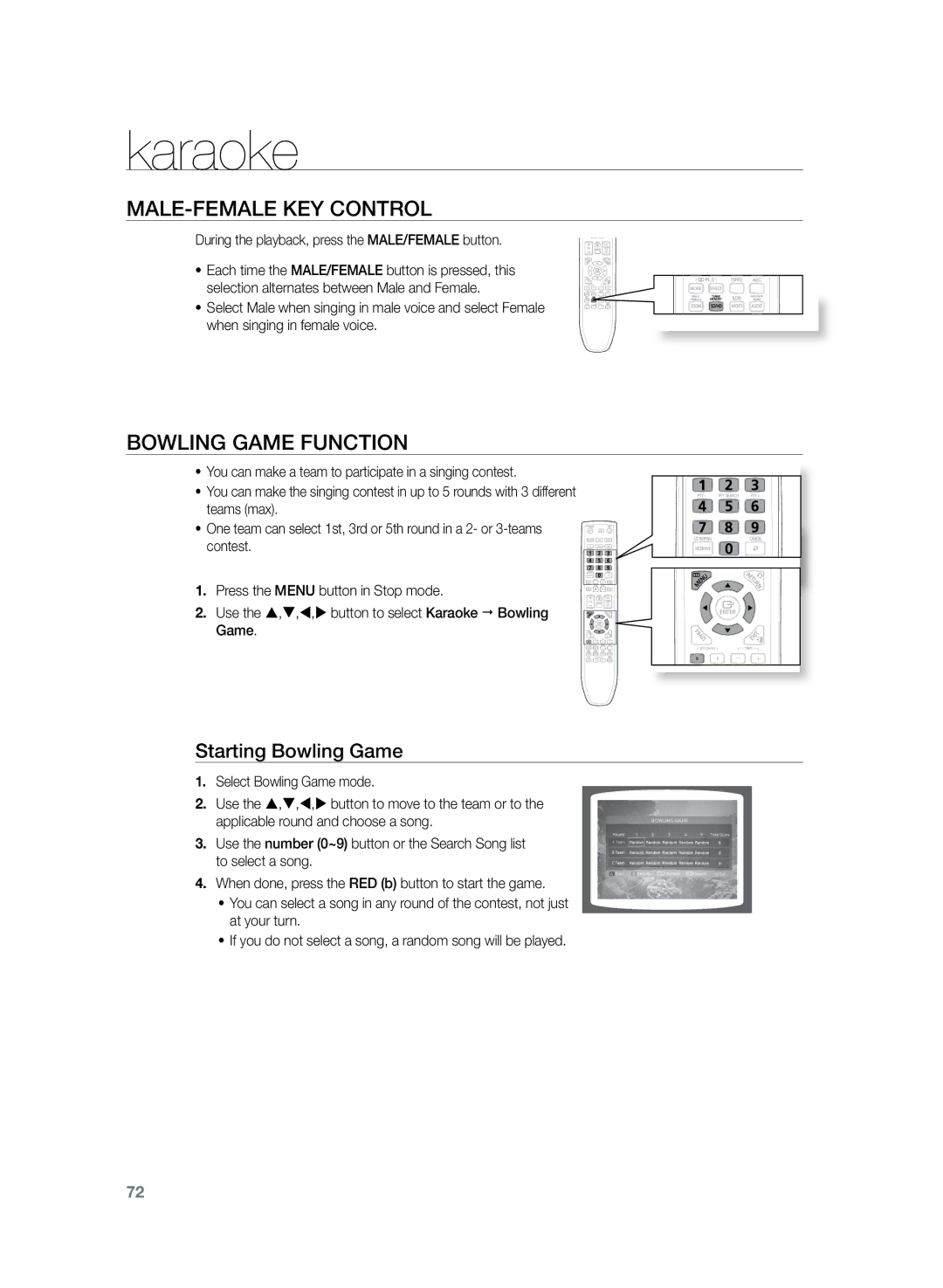 Samsung HT-TKZ325R/XER, HT-TKZ425R/XER manual Male-Female Key Control, Bowling Game Function, Starting Bowling Game 