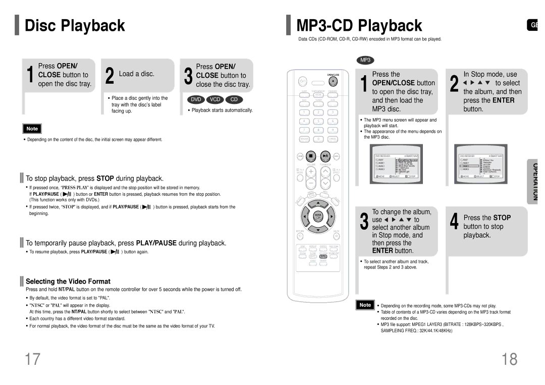 Samsung HT-P11, HT-TP12, AH68-01660K instruction manual Disc Playback, MP3-CD Playback, Selecting the Video Format 