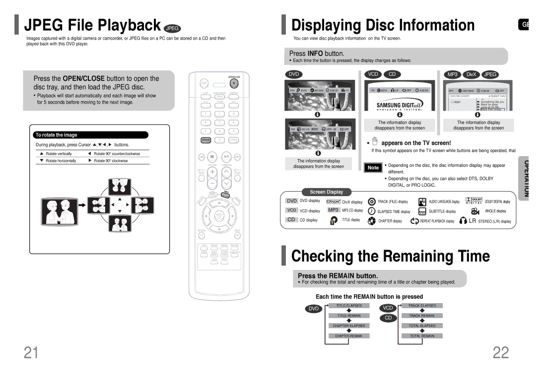 Samsung HT-TP12, HT-P11 Jpeg File Playback Jpeg, Checking the Remaining Time, Press Info button, Press the Remain button 