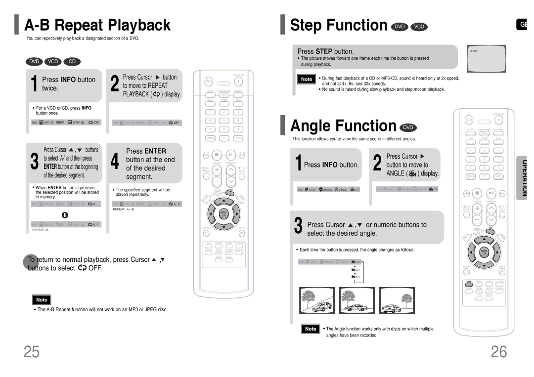 Samsung AH68-01660K, HT-TP12, HT-P11 instruction manual Repeat Playback, Step Function DVD VCD, Angle Function DVD 