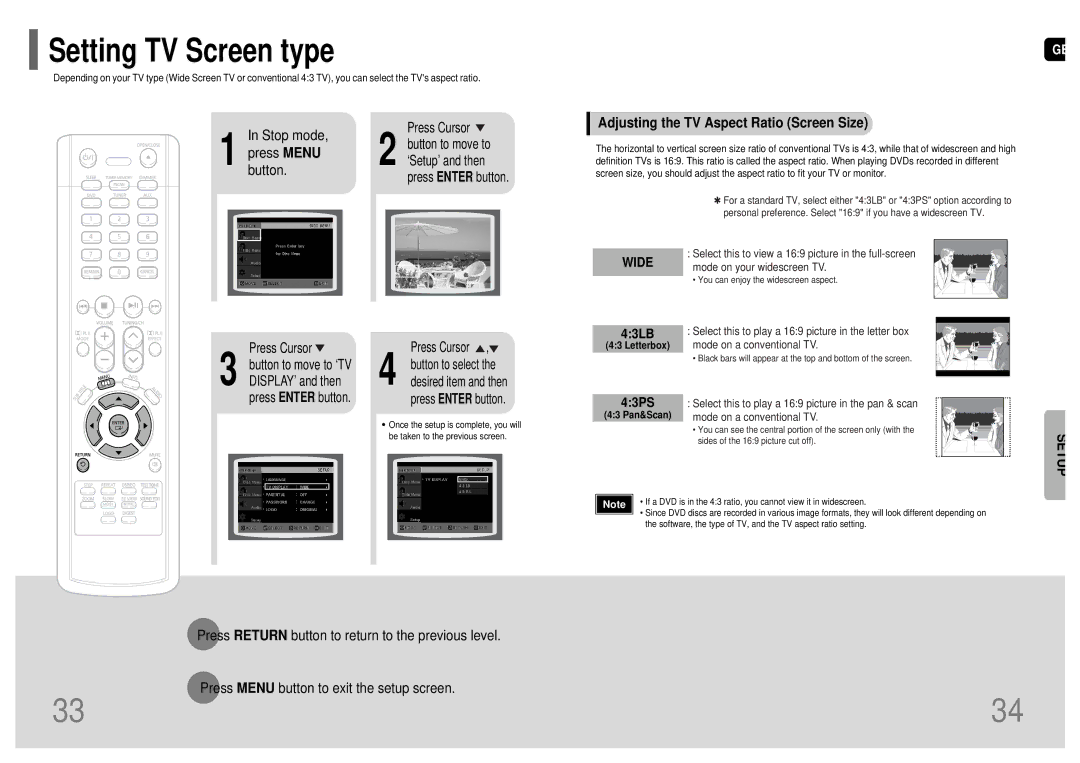 Samsung HT-TP12, HT-P11, AH68-01660K instruction manual Stop mode, Adjusting the TV Aspect Ratio Screen Size, 43LB, 43PS 