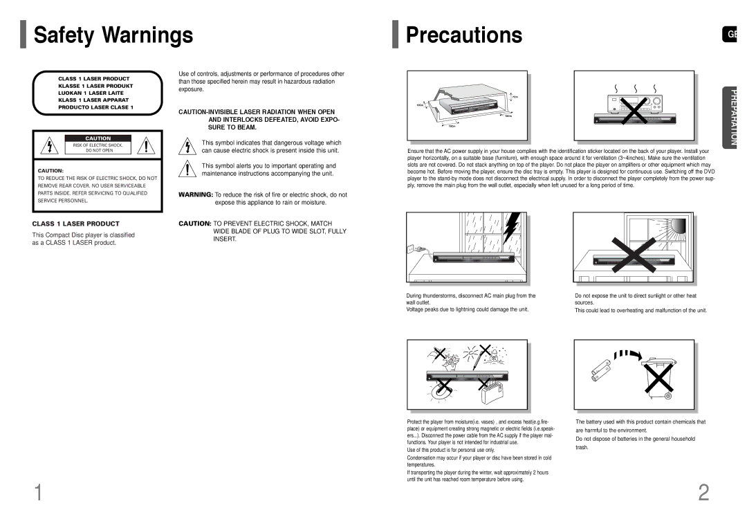 Samsung AH68-01660K, HT-TP12, HT-P11 instruction manual Safety Warnings PrecautionsGB, Class 1 Laser Product 