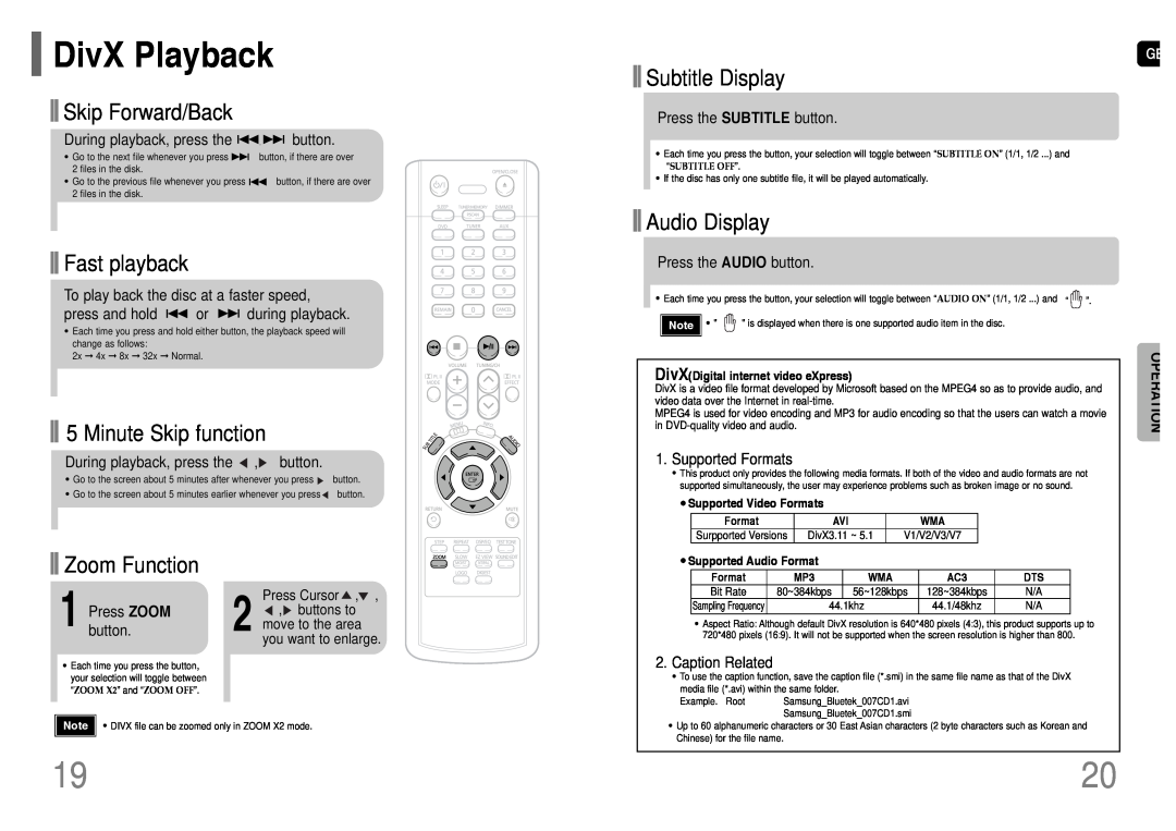 Samsung AH68-01660K DivX Playback, Skip Forward/Back, Fast playback, Minute Skip function, Zoom Function, Subtitle Display 