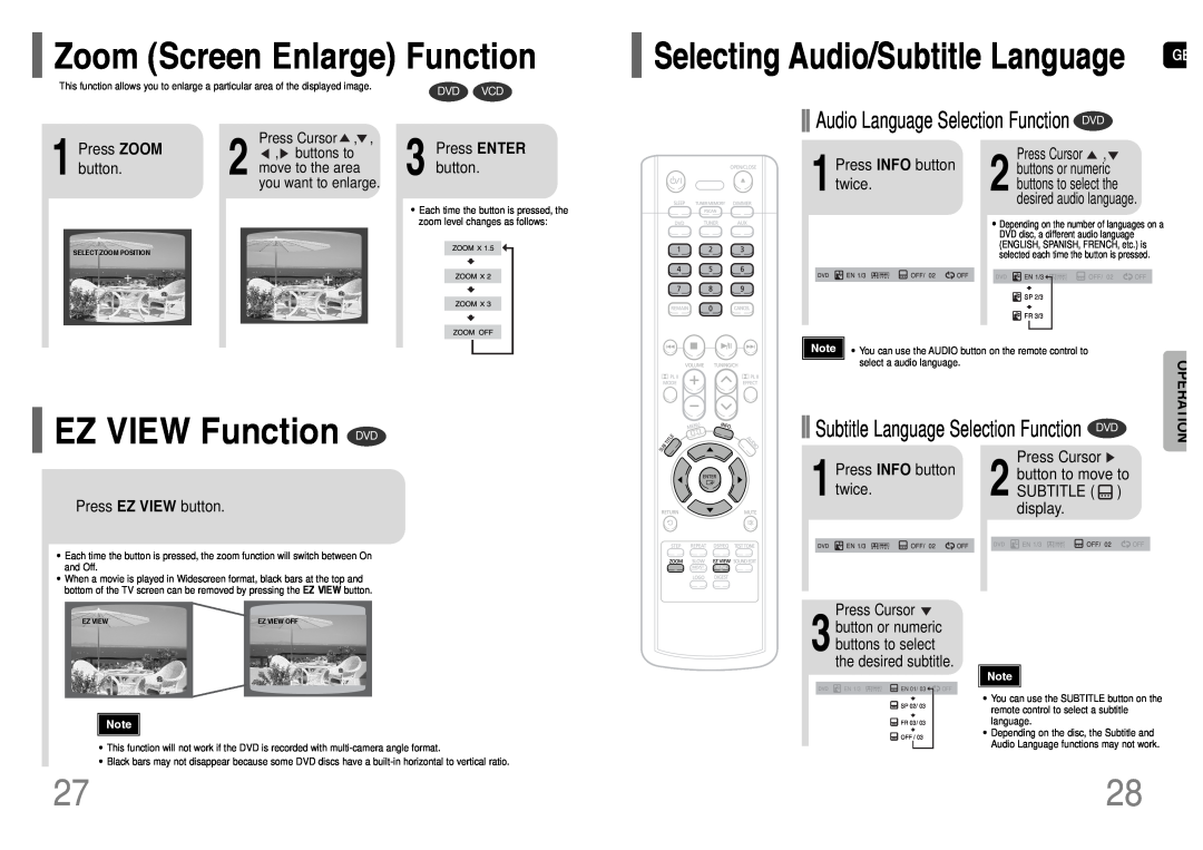 Samsung HT-TP12 EZ VIEW Function DVD, Zoom Screen Enlarge Function, Audio Language Selection Function DVD, Operation 