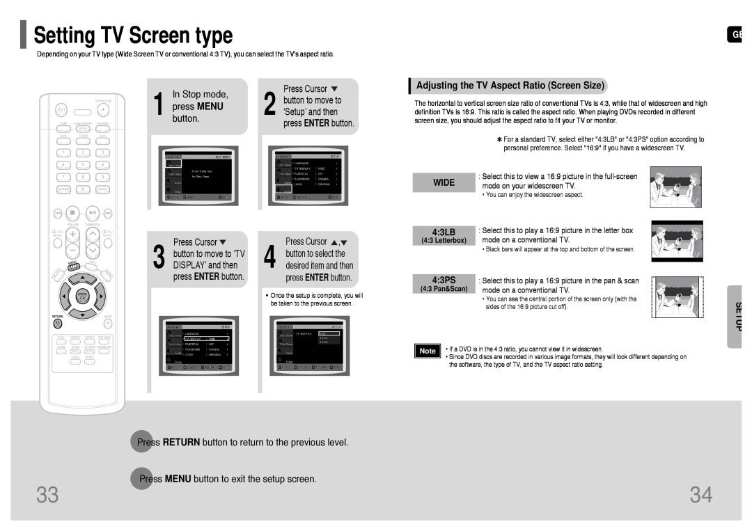 Samsung HT-TP12 Setting TV Screen type, Setup, Adjusting the TV Aspect Ratio Screen Size, WIDE 4 3LB, 4 3PS, In Stop mode 